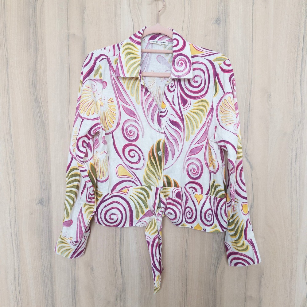 Christian Siriano Linen Blouse M Abstract Tie Front Boho Coastal Resort Artsy